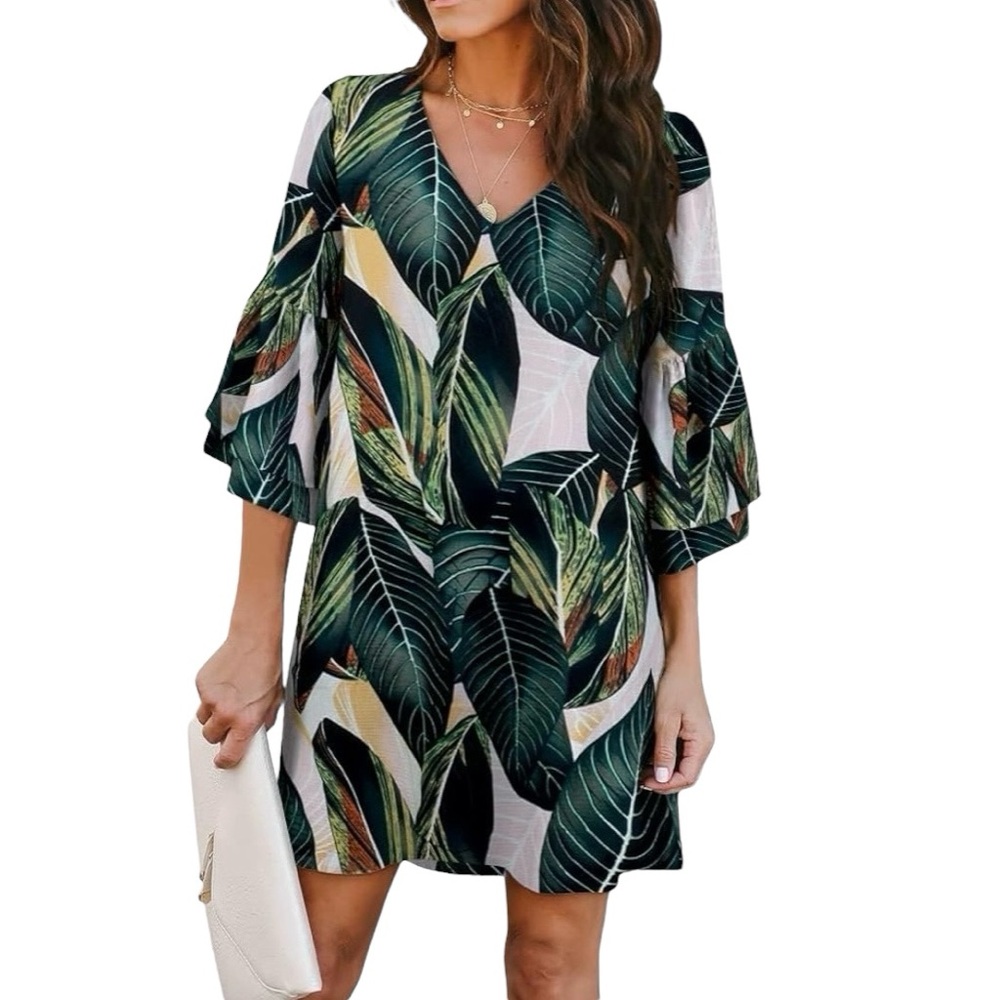 New Chiffon Tropical Shift Dress M Green Pink White Yellow 3/4 Sleeve